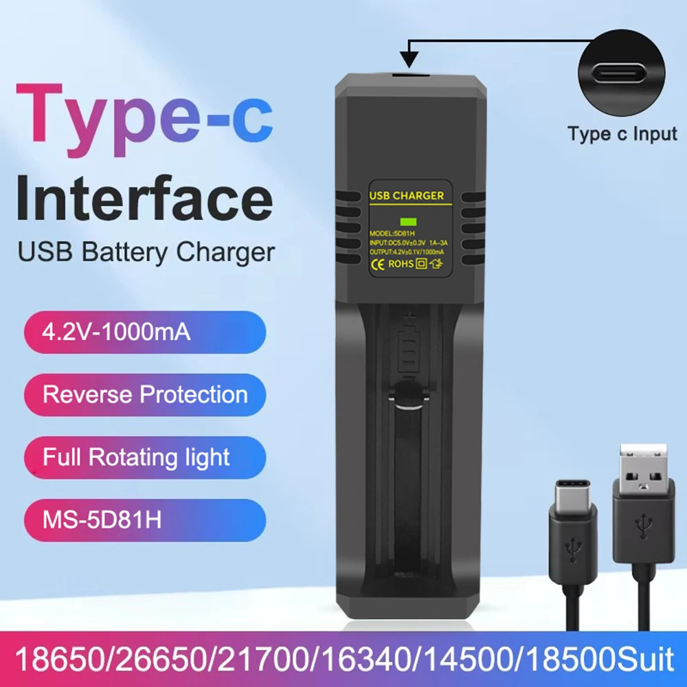 18650 Battery Charger 1/2/4 Slot Type-C Portable Battery Charger 4.2V Rechargeable Lithium Charger Adapter For 18650 16340 14500