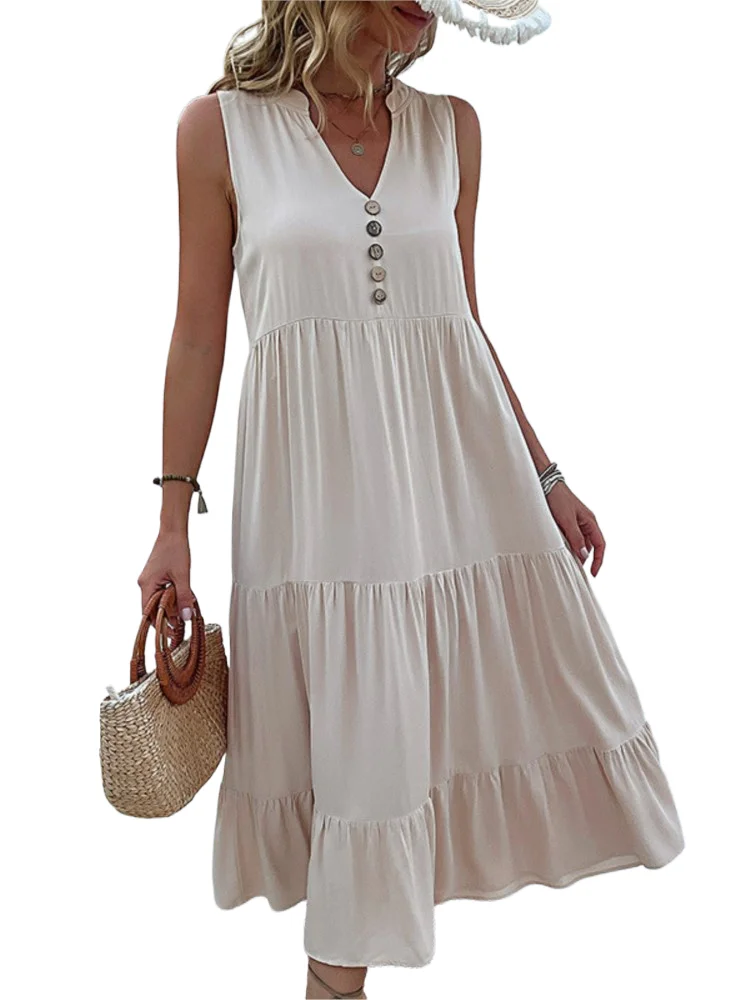 

Women Casual Loose Dress Fashion Solid Sleeveless V Neck Button Pullover Dresses For Female Elegant Holiday Womens Clothing New