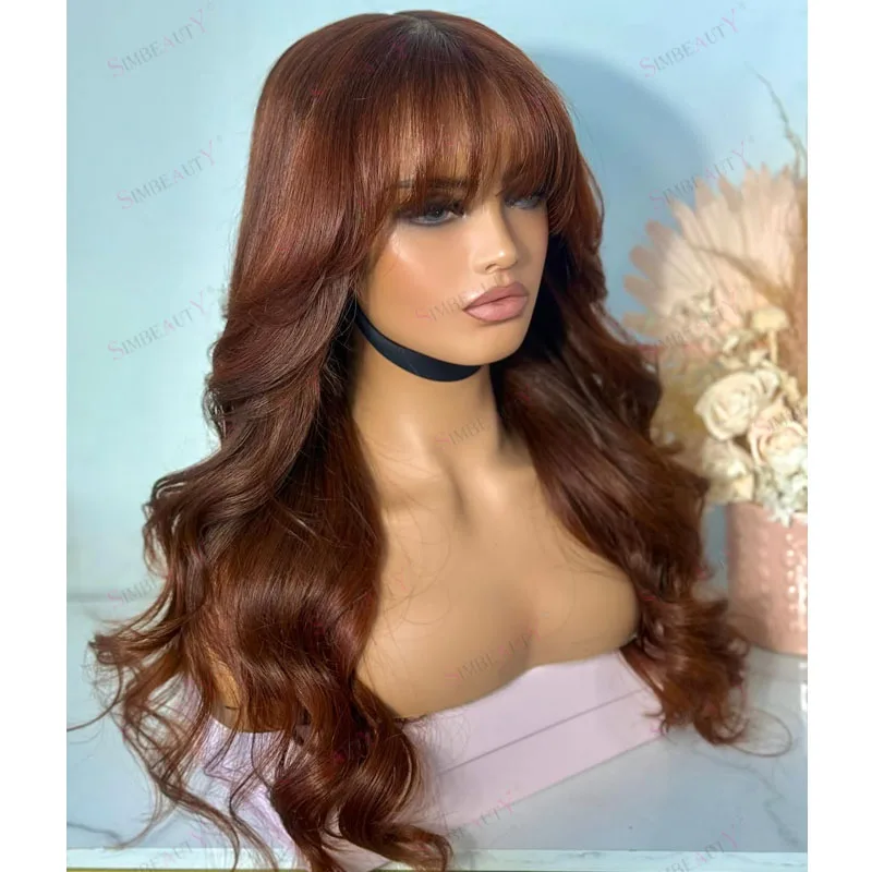

Glueless Fringe Ginger Copper Brown Wavy 100% Human Hair 360 Lace Frontal Wigs with Bangs Pre Plucked Natural Hairline Remy Hair