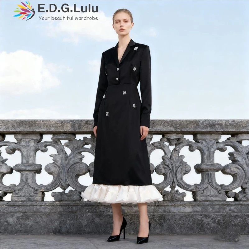 EDGLuLu 2025 otoño nuevo cuello en V uñas diamante empalme vestidos largos de lujo elegante Patchwork satén con volantes vestido negro 1009