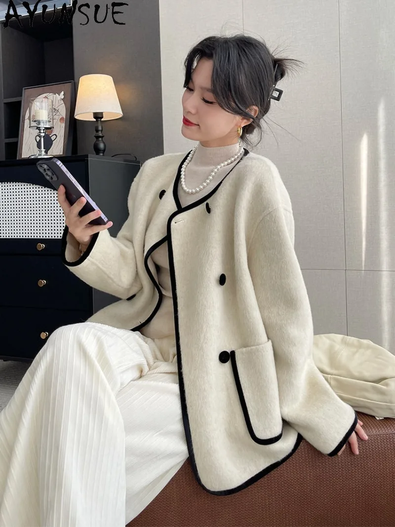 AYUNSUE Double-Faced Wool Coat Womens Autumn Winter Clothing Loose Fit Woolen Camel Hair Outerwear Wool Coat 2026 Польто Женское