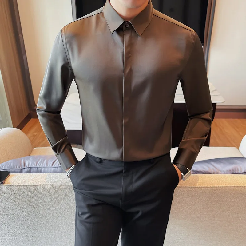 

High Quality Solid Color Shirt for Men Long Seeve Casual Business Formal Dress Shirts Slim Fit Social Party Tuxedo Blouse 2023
