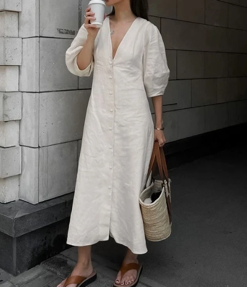 

Women's Elegant Dress 2024 Autumn Winter Latest French Beige Cotton Hemp V-Shaped Collar Bubble Sleeves Maxi Dress Long Skirt