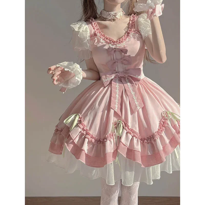 Lolita Fashion Elegant Dress Women 2024 Summer Short Sleeve Cocktail Party Prom Vacation Graduation Casual Pink Mini Dress