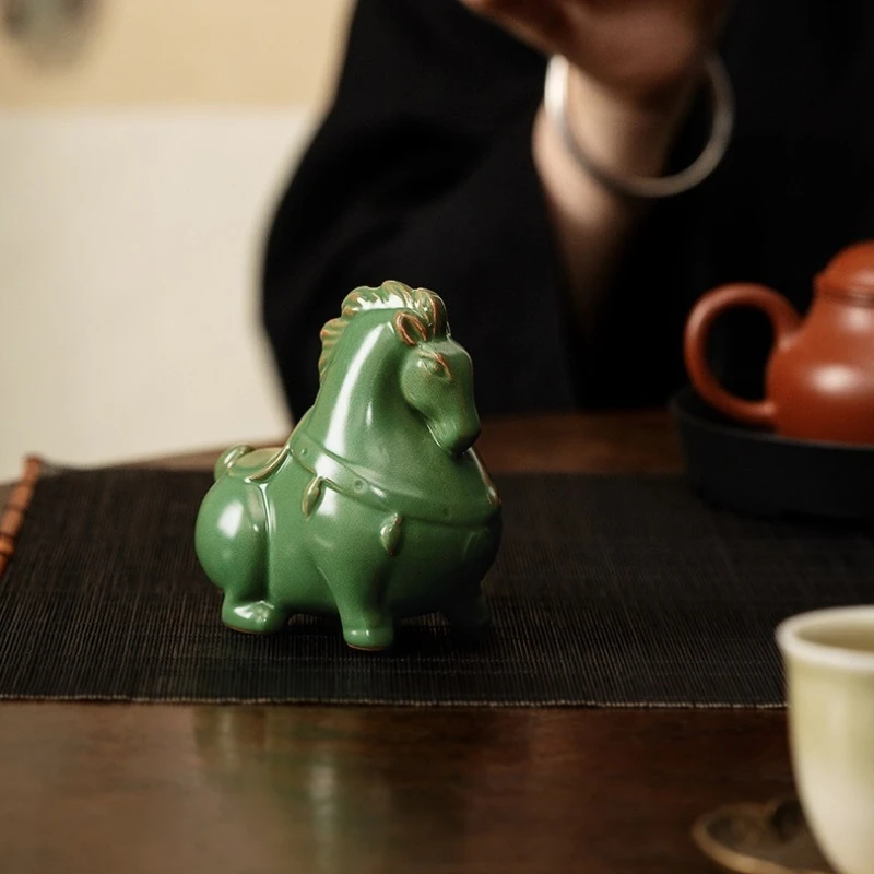Rissige glasierte Keramik-Tee-Statue, Pferd, Büro-Schreibtisch-Dekoration, Geschenk, chinesische Zen-Teezeremonie-Kultur