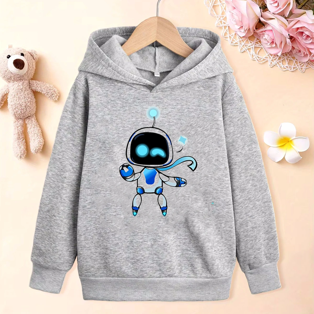 New Boys Hoodies Anime Astros Playroom Cartoon Print Kids Hoodie Harajuku Toddler Baby Long-Sleeved Grey Sweatshirt Plush Jacket