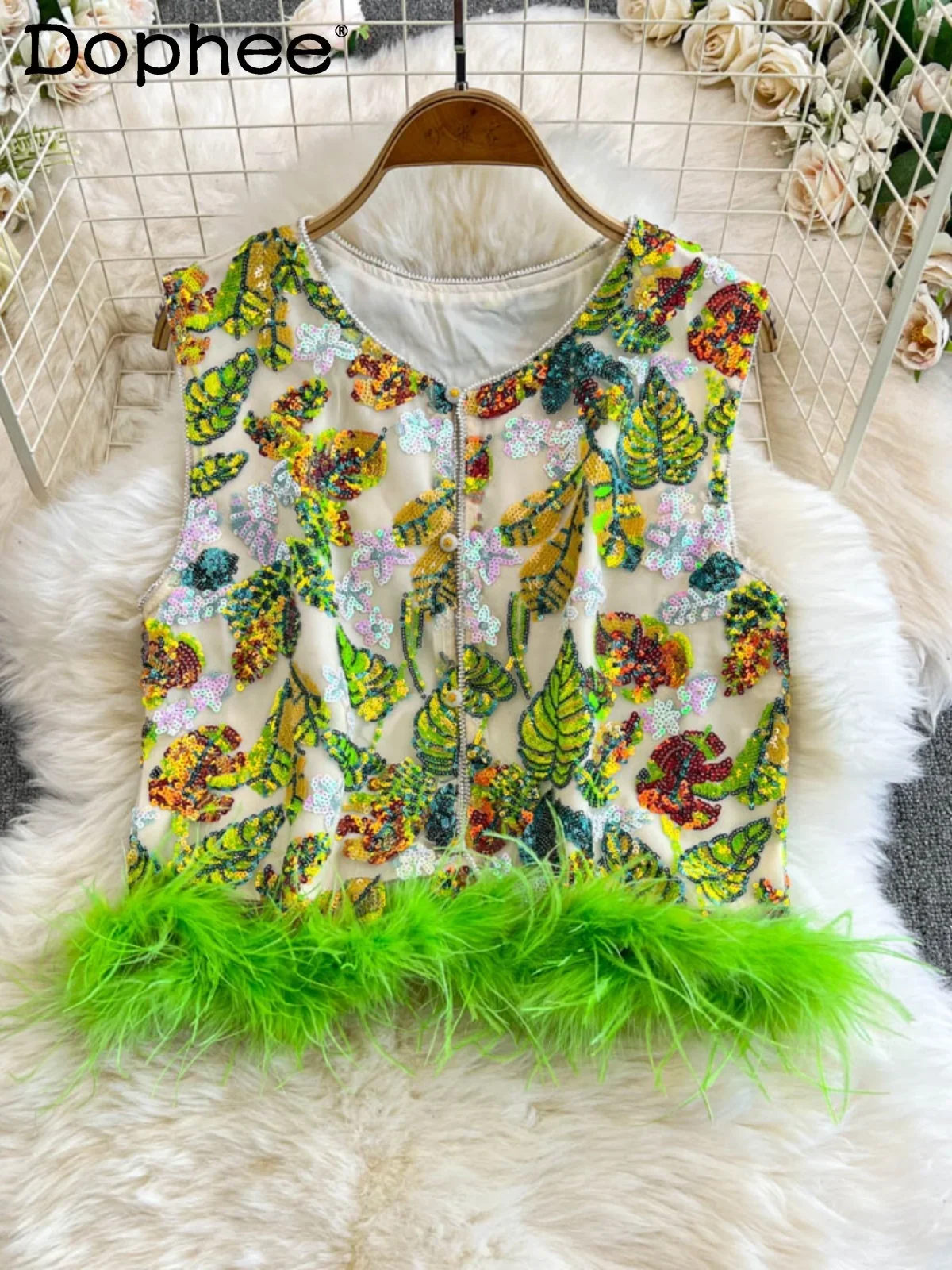 

Luxury Heavy Industry Sequined Feather Splicing Design Sense Vest Women's Chic Single-breasted Temperament Vest Autumn 2024 New