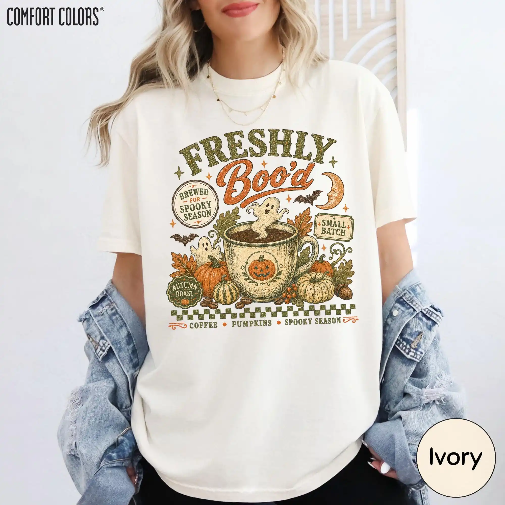 Freshly Boo'd Coffee Colors Shirt, Halloween Coffee Lover Tee, Ghost Pumpkin Spooky Season Gift