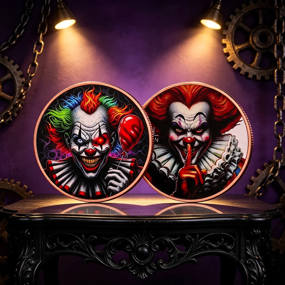 1 Oz .999 Fine Copper Coin Evil Clown Horror Pure Copper Commemorative Coin 2-Sided Color Print Collection Coins Halloween Decor