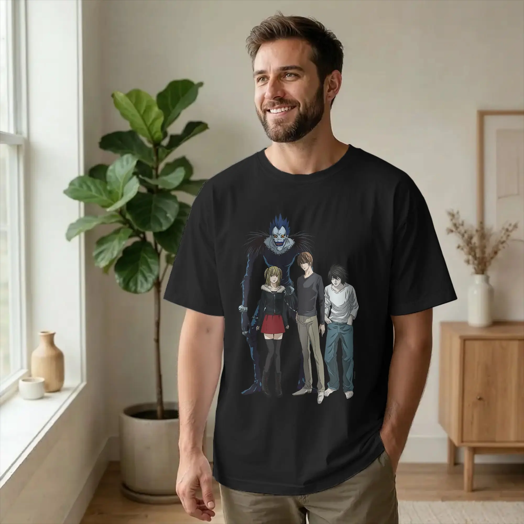 Funny Death Note Main Characters Posing Anime T-Shirt Men Round Neck Short Sleeve Tops Shirts  Cotton Summer Clothes