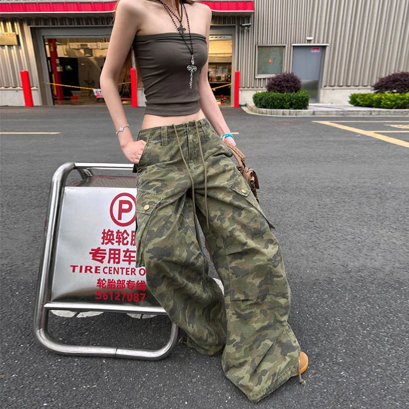 Benuynffy التمويه طباعة الرباط البضائع الدنيم السراويل النسائية الأمريكية الرجعية Y2k الشارع الشهير عادية فضفاض واسعة الساق بنطلون