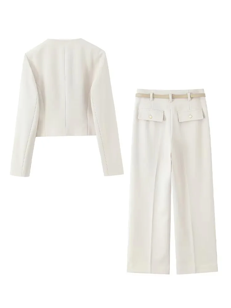 HH Women Solid Pant Set Long Sleeve O-Neck Double-Breasted Blazers+High Waist Chain Matching Side Zipper Trousers Sets