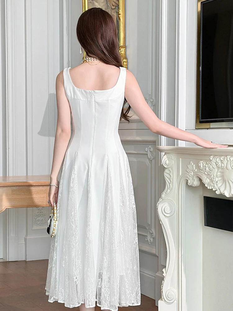 Elegante Dameskleding Kant Vrouwen Witte Sling Maxi Jurk Sexy Vierkante Hals Slanke Formele Feestjurk Gewaad Mode Vestidos Mujer Nieuw