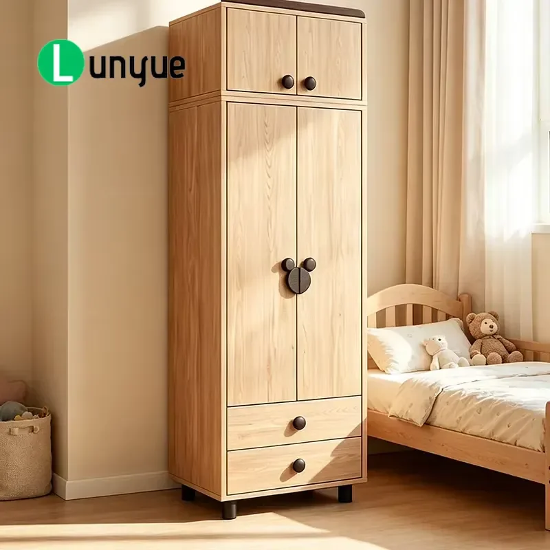 Wooden Wardrobe with Cartoon Animal Shaped Handles 2 Drawer Lockers Bedroom Clothing Storage Cabinet for Kids Room Home