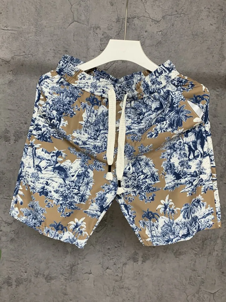 Outside Joggers Shorts Mens Casual Vintage Floral Printed Beach Shorts Comfortable Elastic Waist Knee Length Trousers Streetwear