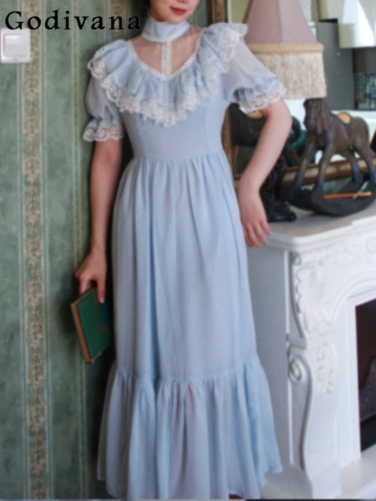 

Spring Summer Elegant Retro French Court Vintage Princess Dress Fashion High Waist A-line Lace Splicing Light Blue Fairy Dresses