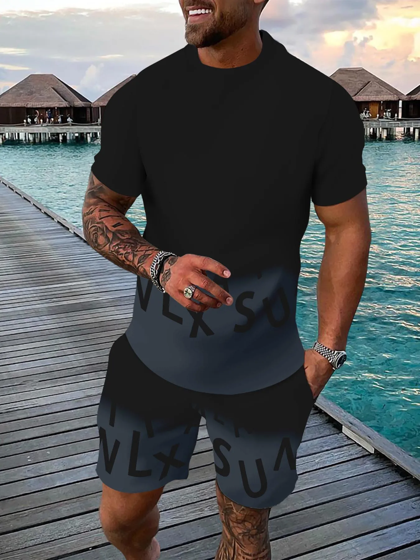 Modisches neues Herren-Sommer-Set mit Buchstaben-Farbverlaufsdruck, bequem, atmungsaktiv, Rundhals-T-Shirt, Shorts, Outdoor-Freizeitkleidung