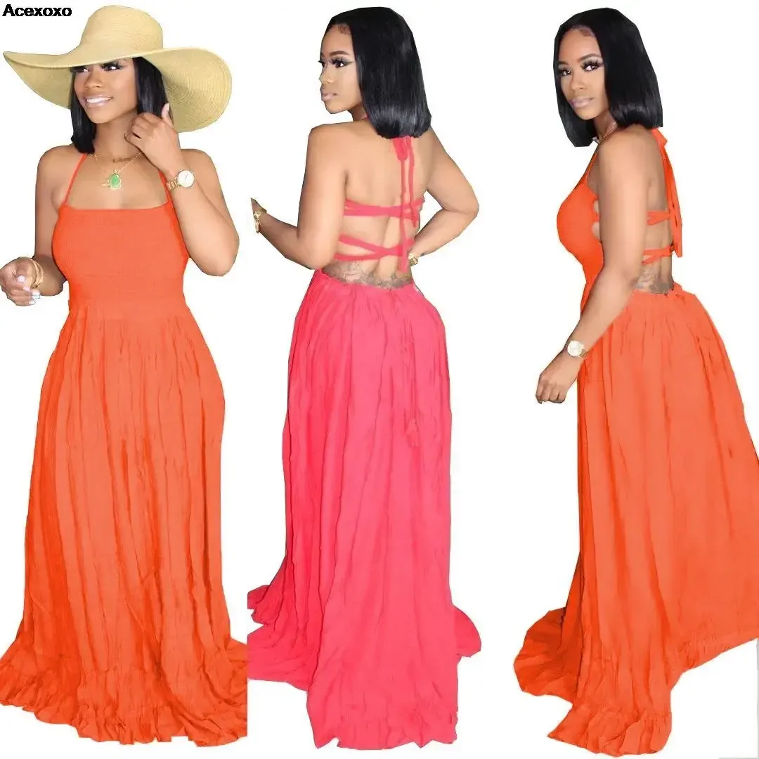 

Summer new women's fashion sexy backless sleeveless shoulder belt waist solid color dress