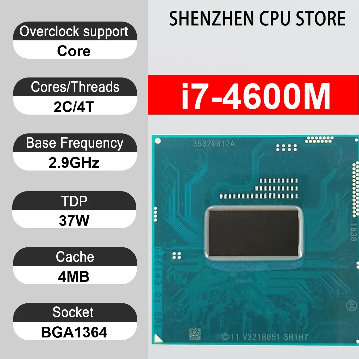 Intel Core i7-4600M 2 Core 4 Thread 2.90GHz 37W 4MB Cache 22nm BGA 1364 SR1H7 DDR3L-1600 MHz Haswell