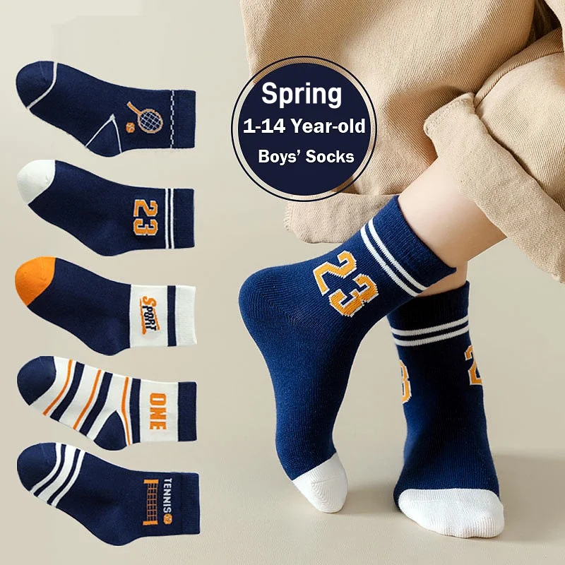 1-14T Kids\' Socks Spring Autumn Cotton Socks 5 Pairs/lot Soft Cotton Socks Calf Socks Little Big Boys Crew Sock