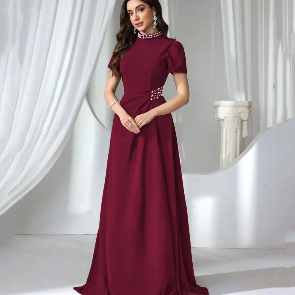 ที่กําหนดเองอย่างเป็นทางการไวน์แดงชุดแม่สายประดับด้วยลูกปัด Elegant แขนสั้นชุดราตรี vestido invitada boda