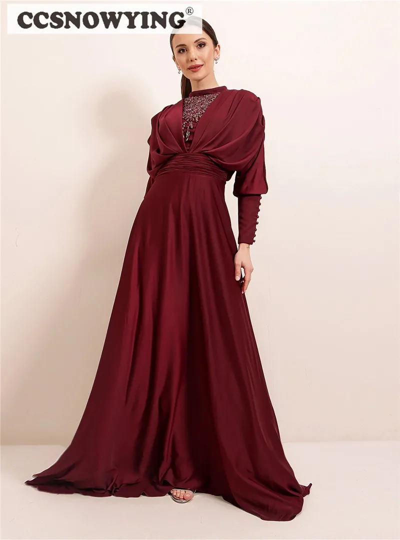 

Satin Beaded Burgundy Long Sleeve Muslim Evening Dresses Hijab Formal Party Gowns A Line Arabic Dubai Islamic Robe De Soiree