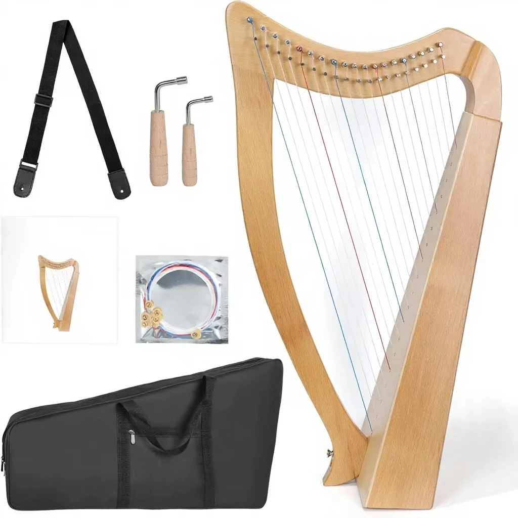 19‑String Lyre Harp, Beech Wood Body Nylon Strings, With Tuning Wrench, Spare Strings & Manual, for Beginners & Professionals