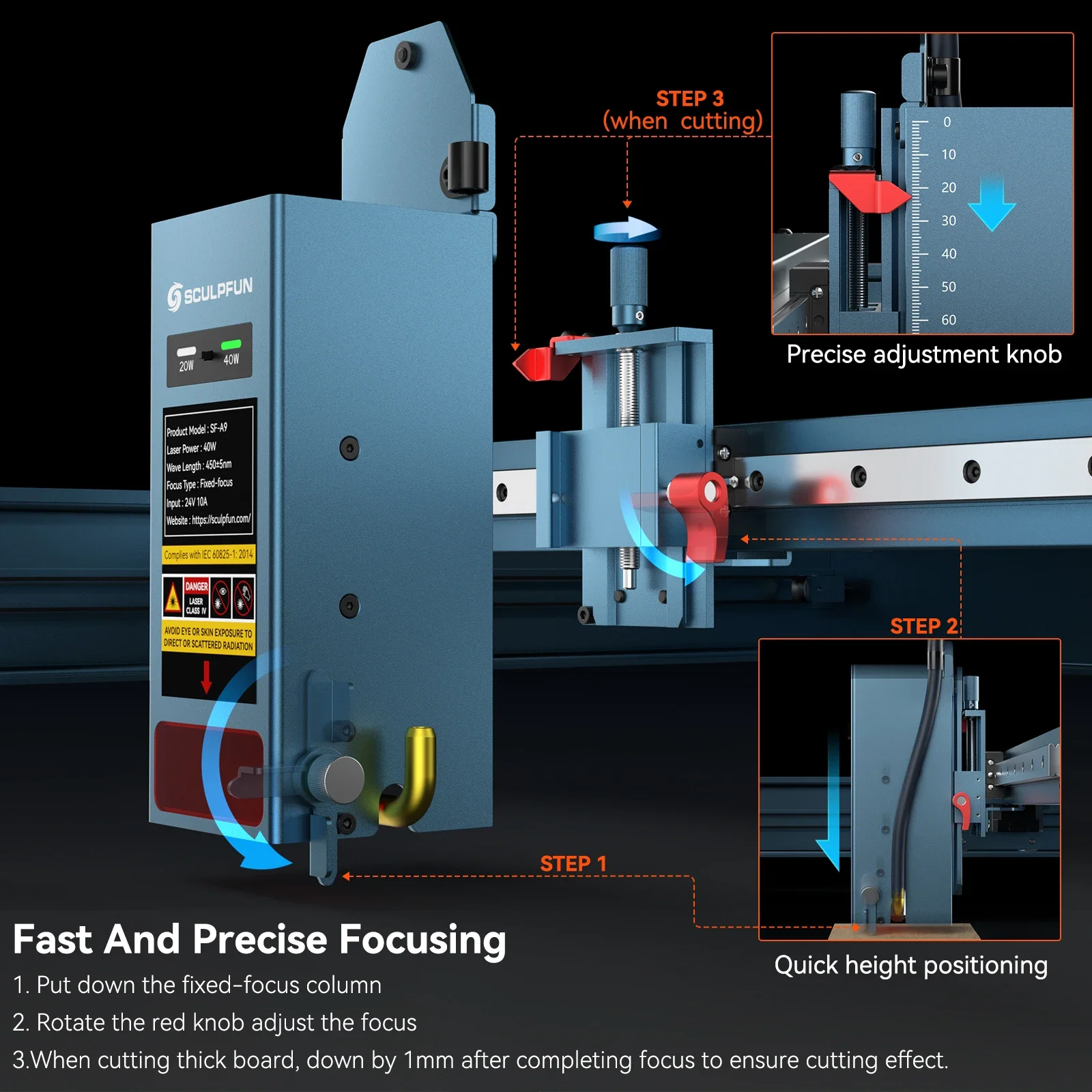 SF-A9 40WEngraver Machine 400*400MM Work Area with Air Assist Honeycomb Board Roller and Cam500 For Acrylic Meta