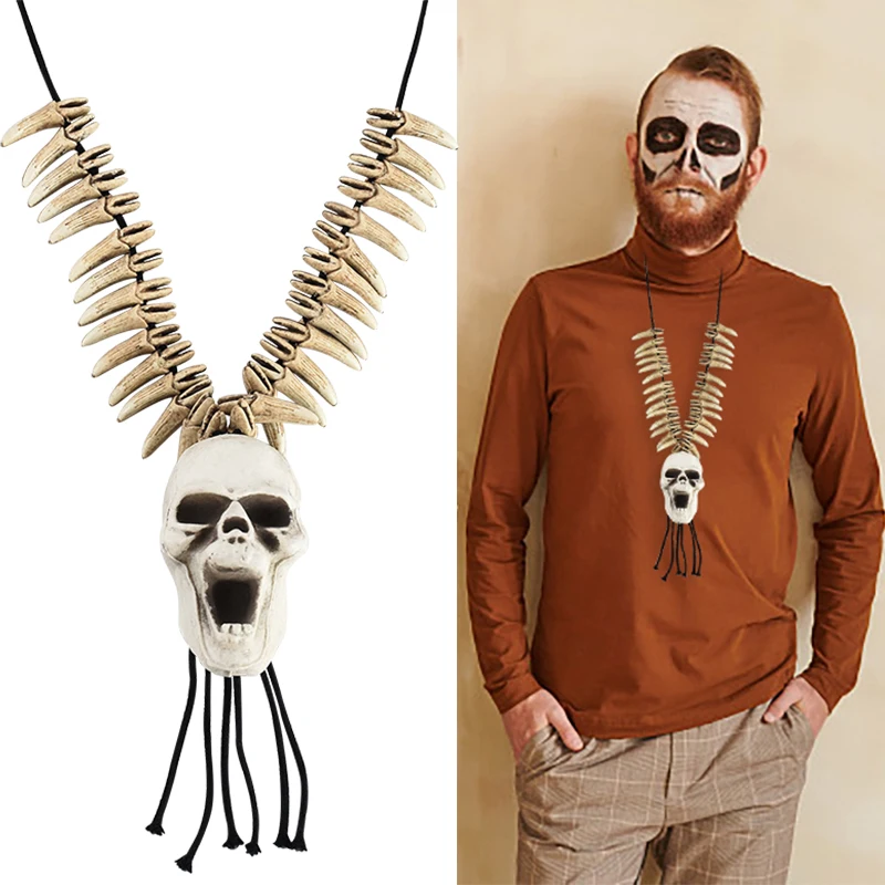 

Horror Skull Necklace Resin Skull Wolf Teeth Chain Pendant Fashion Jewelry Gift Costume Accessory Halloween Party Decor Supplies