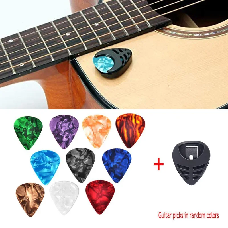 10Pcs Guitar Picks & Guitar Pick Holder Set For Acoustic Guitar Electric Guitar Bass Ukulele Stick-on Holder (Random Color)
