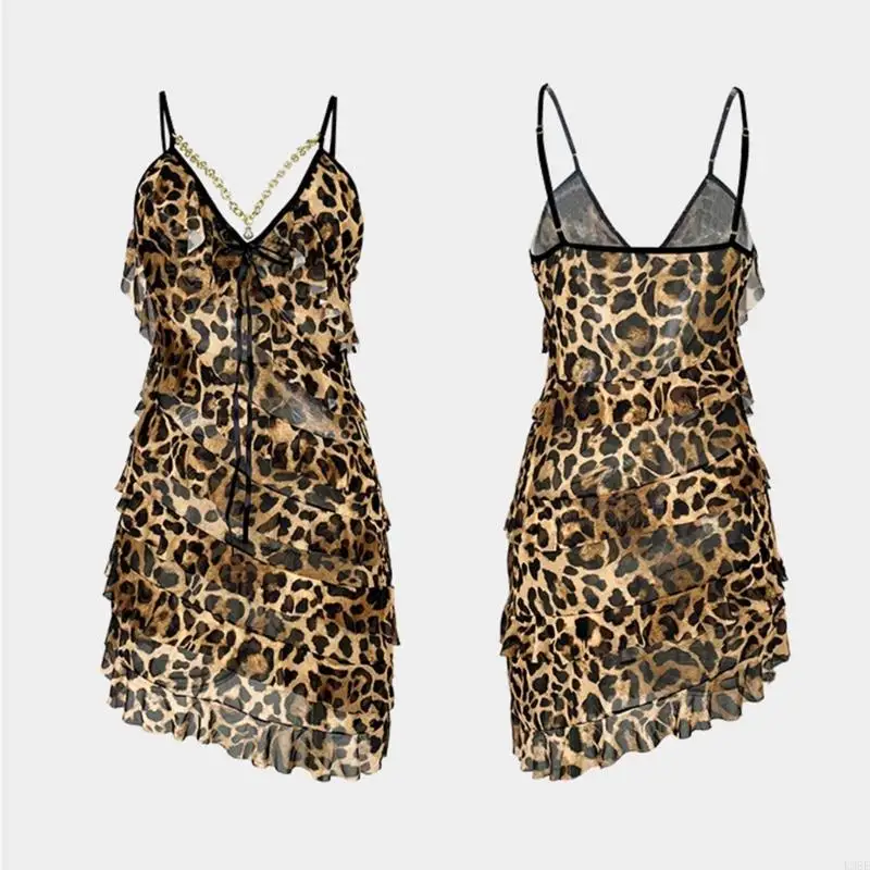 L38E Women Mesh Robes Set Leopard Pajama Set 2Piece Mesh Cami Nightgown with Robes Sleepwear Nightdress Robes Lingerie