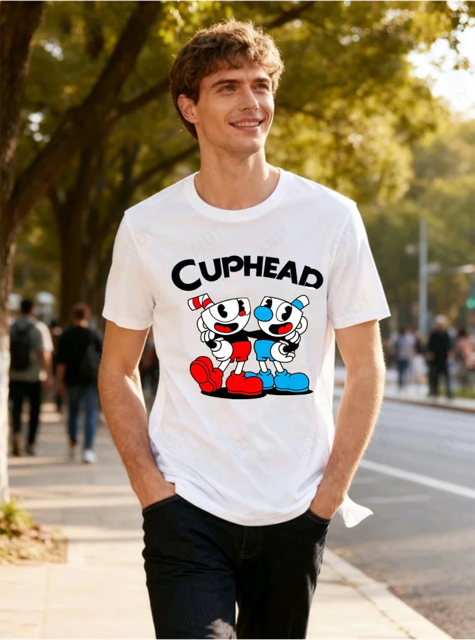 American Retro Cartoon Cute T-shirt with Red and Blue Tea Cup Brother Print Loose Short Sleeved Cotton Top