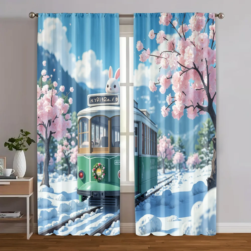 

2pcs, Minimalist Curtains Winter Wonderland Rabbit Train Machine Washable Polyester (without rod) Outdoor Decorations Perfect