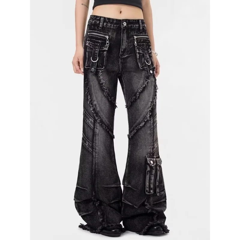 2000S Harajuku الجمالية خمر الجينز السراويل السراويل الملابس النسائية الأسود القوطية البضائع الفضفاضة الجينز Y2K الأمريكية عالية Stree