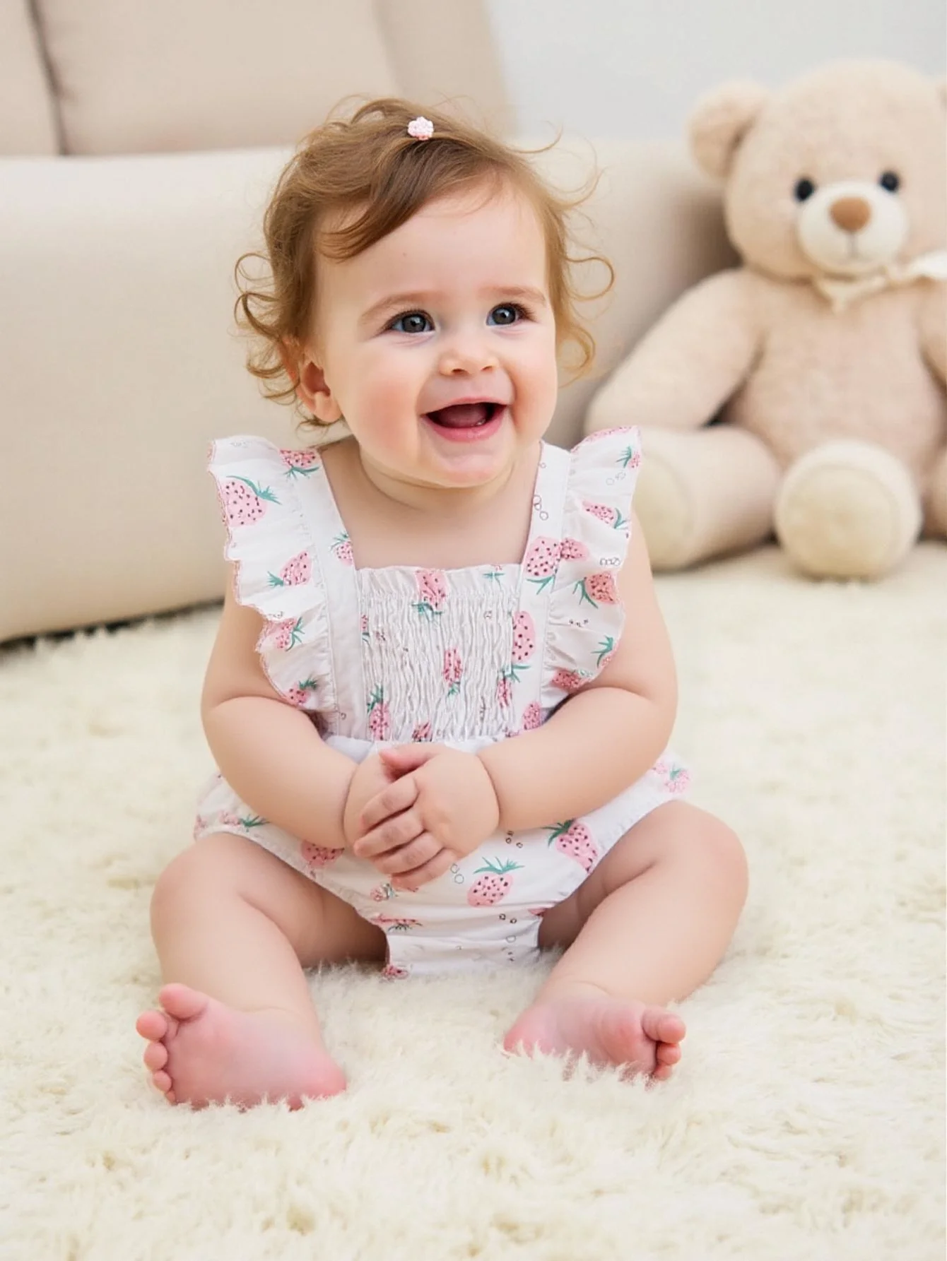 Cute baby girl in a casual romper with a strawberry pattern all over, including a hat accessory, for summer.