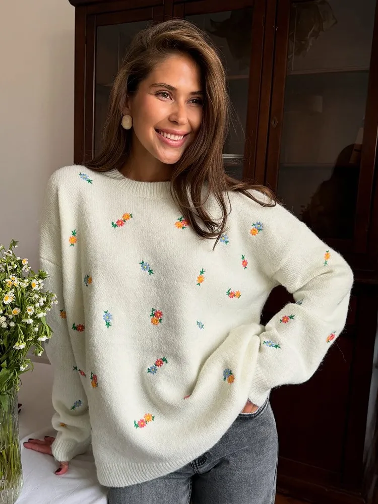 

Women's Clothing Round Neck Pullover Floral Pulls Femmes Loose Sweater Color Colorful Temperament Casual All-match Long Sleeves