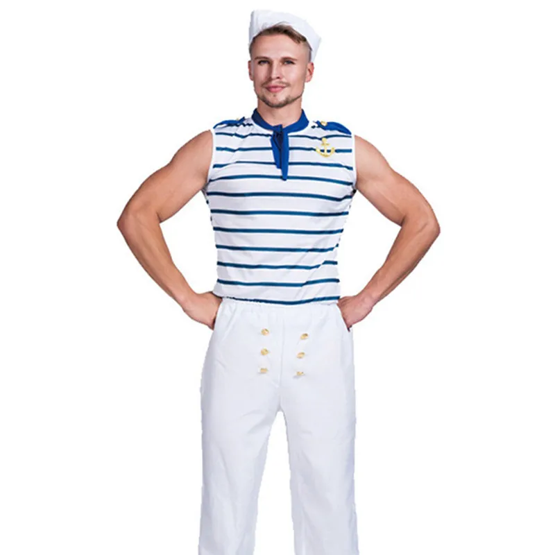 Blue And White Stripes Man Halloween Sailor Uniform Costumes Adult Navy Cosplay Carnival Purim Role Play Showing Bar Party Dress