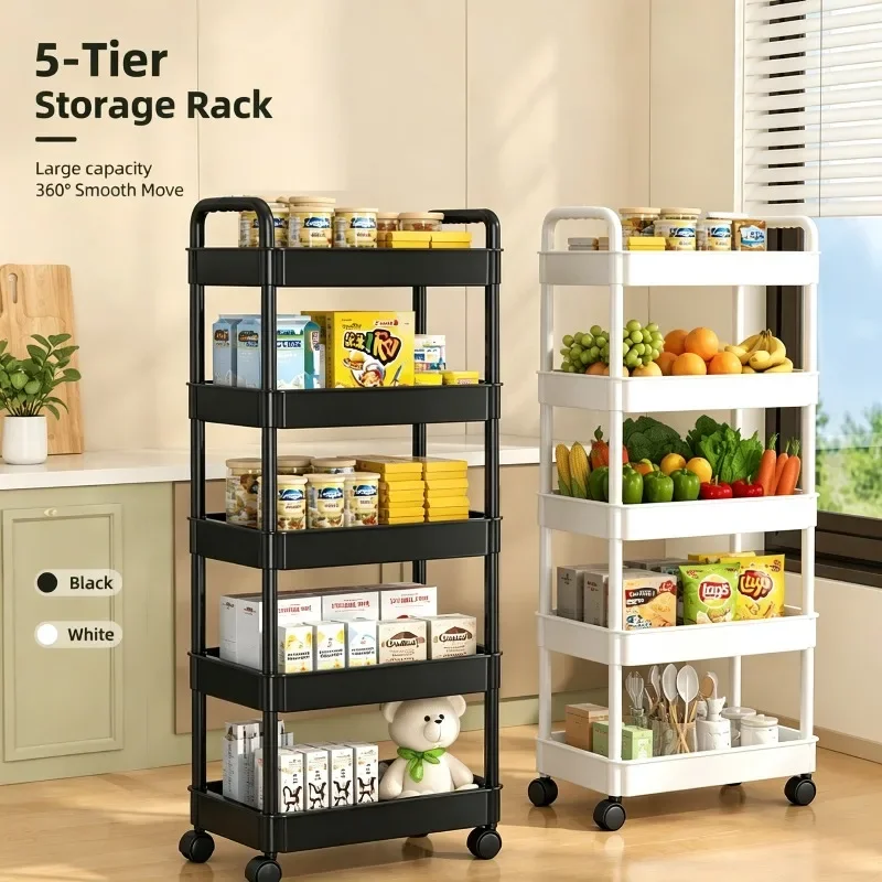 Hot 5-tier Kitchen Storage Shelf, Mobile Trolley, Floor-standing Multi-layer Storage Rack, for Snacks, Fruits and Vegetables
