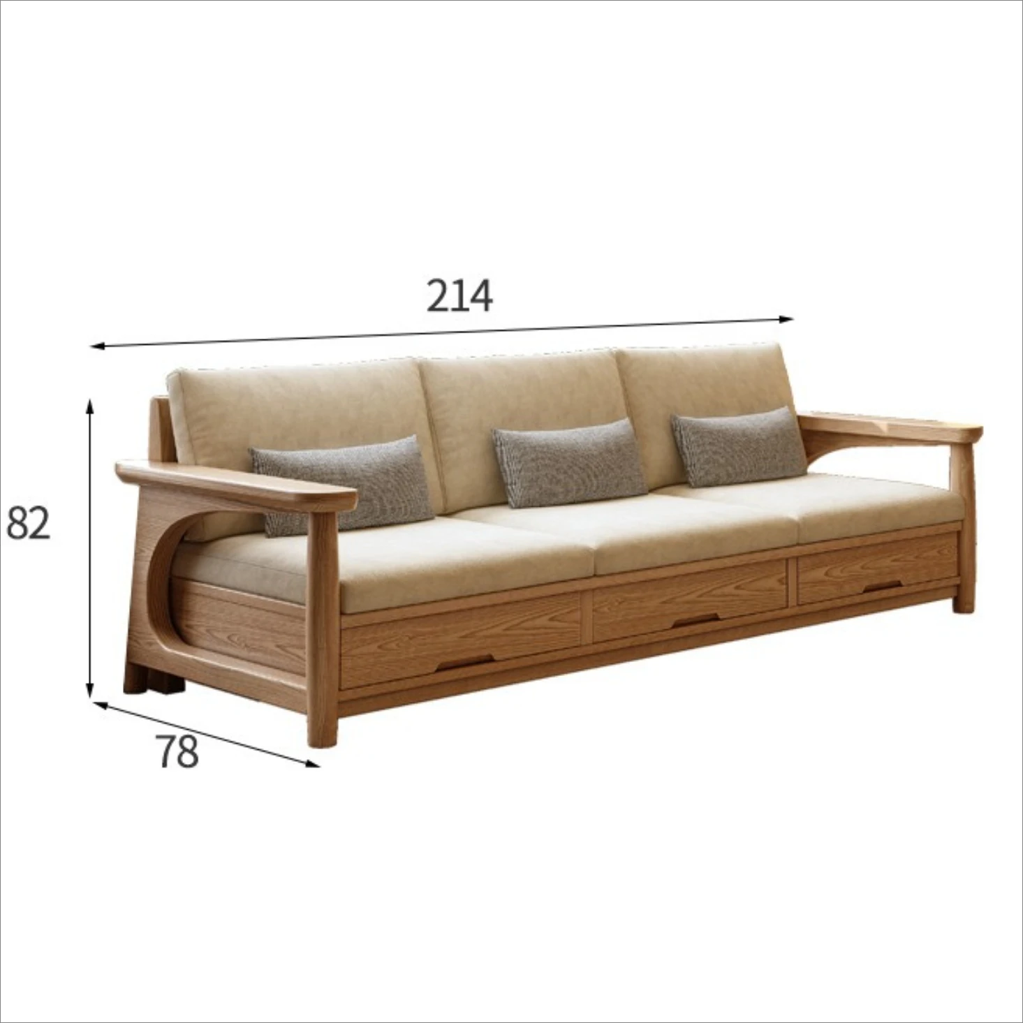 Modern simple solid wood sofa log wind ash wood drawer storage sofa living room new small apartment straight row