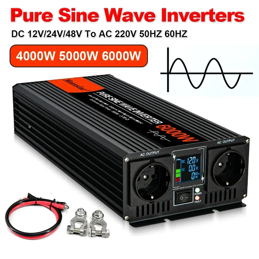 Moexsiac Pure Sine Wave Inverters - 4000W, 5000W, 6000W with Double EU Socket. Converts DC 12V, 24V, 48V to AC 220V.