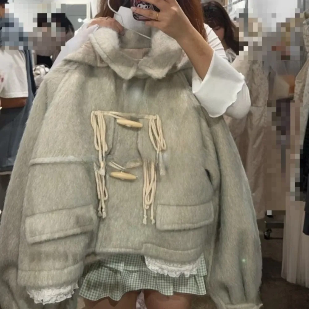 

Horn Button All-match Short Hoody Jacket Personalized Warm Office Lady Casual Coat Japan Streetwear High Street Mujer