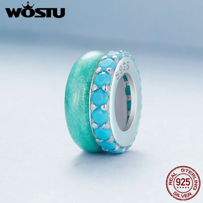 WOSTU 925 Sterling Silver blu rosa viola silica Spacer Bead Candy Charms con zircone lucido Fit bracciale originale collana fai da te