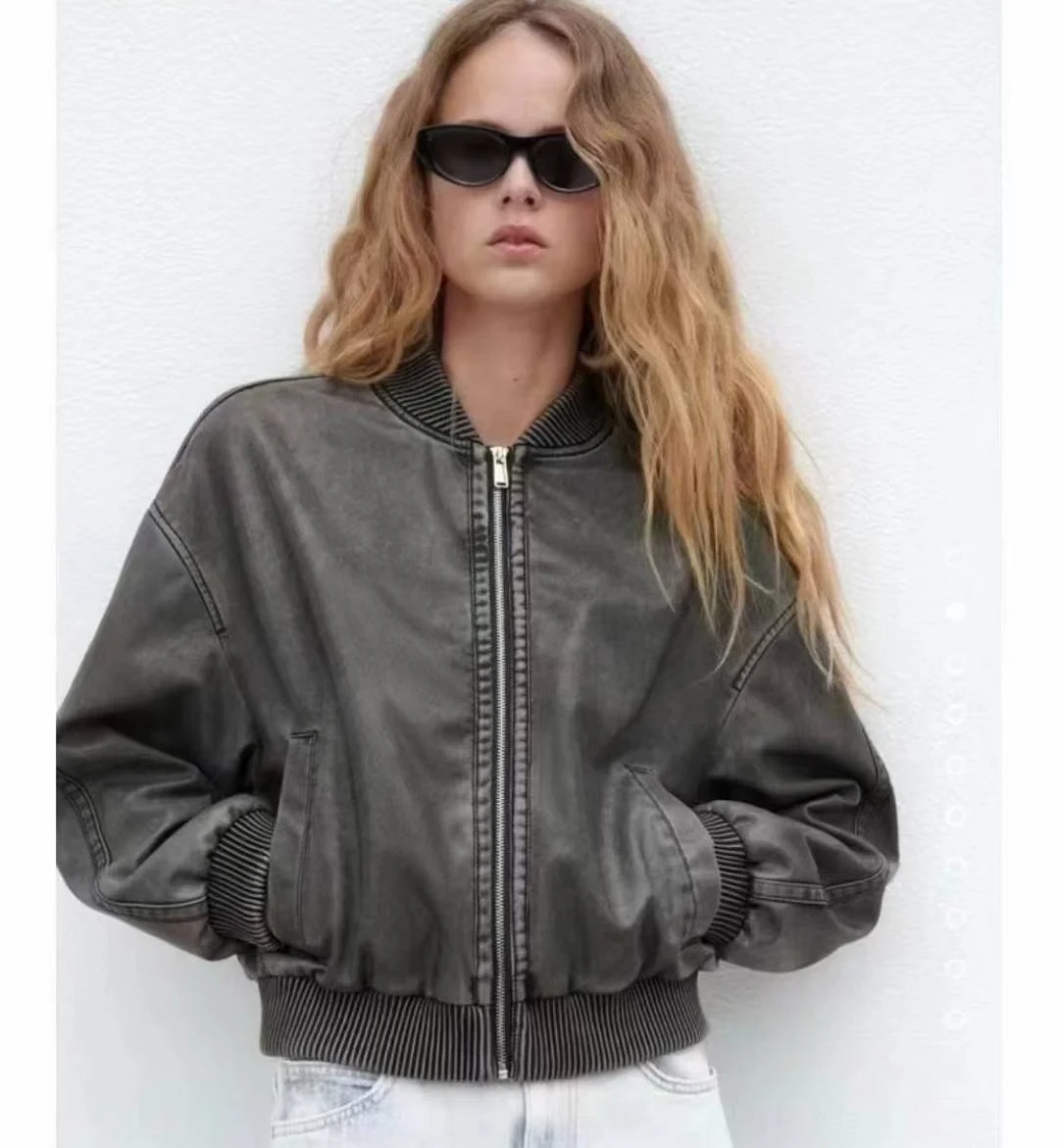 معطف نسائي كاجوال بياقة واقفة من Faionable Retro Pilot Jaet ملابس خارجية مع سحاب من جلد البولي يوريثان طويل بلون Sve