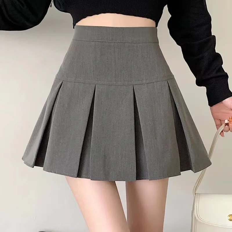 Gray High Waist Pleated Skirts Women Summer Fashion Solid Preppy Zipper A Line Skirts Ladies Streetwear All-Match Mini Skirts