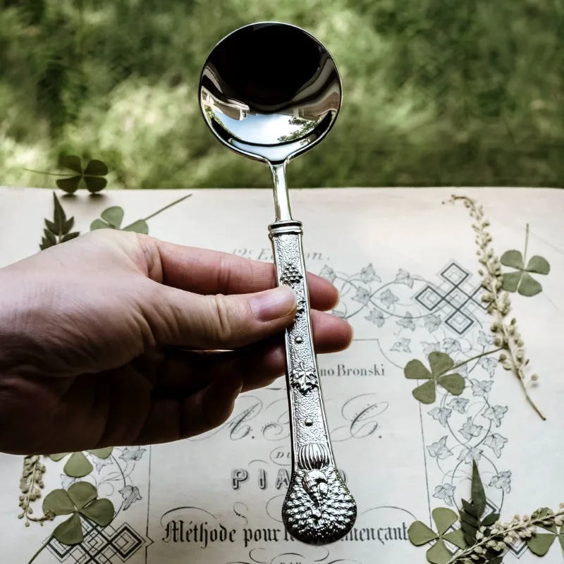 Thickened Stainless Steel Dinner Spoon with Peacock Spreading Tail Embossed Design Round Soup Spoon Big Spoon