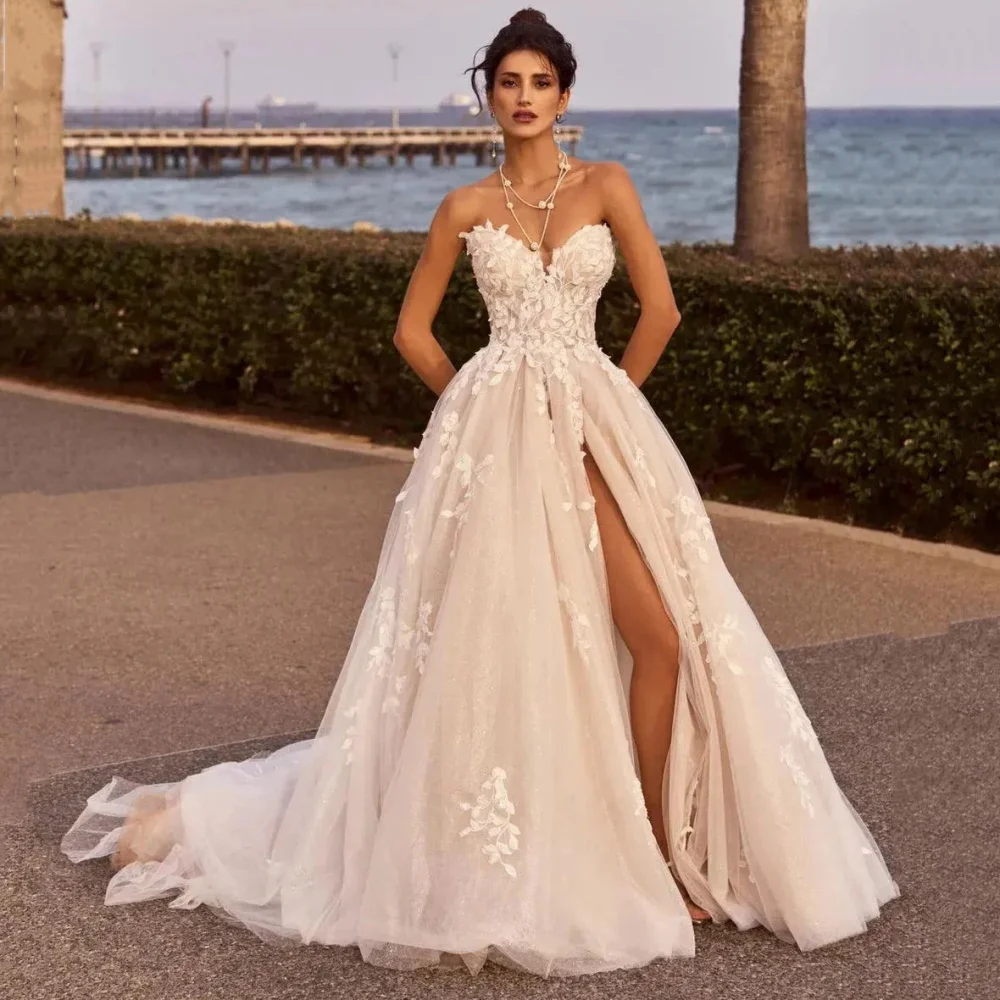 فساتين زفاف بوهو بفتحة عالية فستان عروس مخصص على شكل حرف A فاخر مزين بفساتين زفاف بدون ظهر فيستدوس دي نوفيا