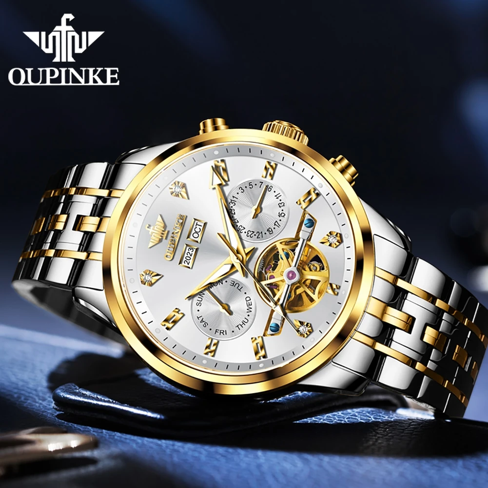 OUPINKE 3248 New Hollow Dial Luxury Automatic Watch For Men Business Mechanical Hand Clock Week Calendar Display Man Wristwatch