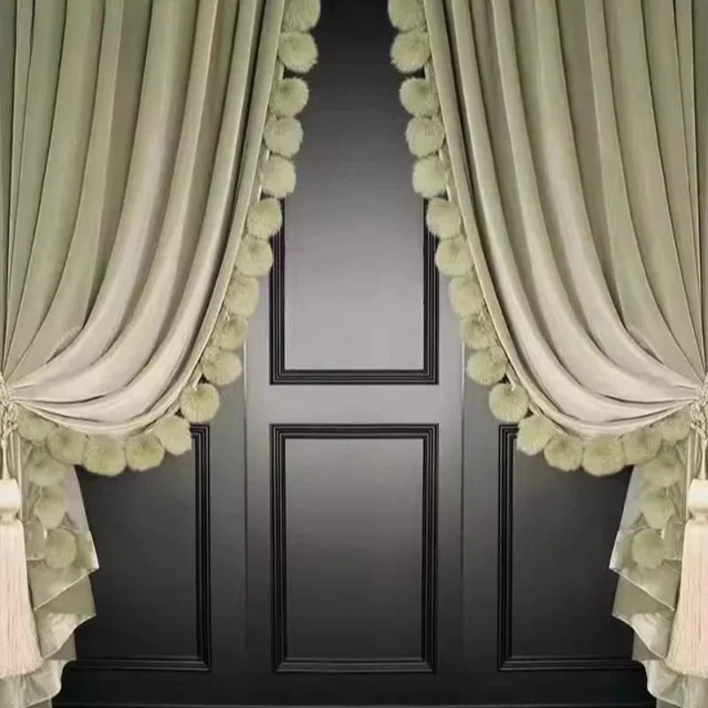Custom Luxury Blackout Curtains French Retro Green Velvet Drapes with Fur Ball Trim for Bedroom Villa Living Room Opulent Decor