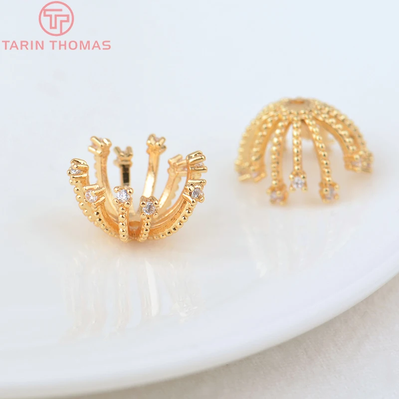 (3191)4PCS 13MM Hole 1MM 24K Gold Color Brass with Zircon Flower Bead Caps High Quality Jewelry Making Findings Accessories image 2