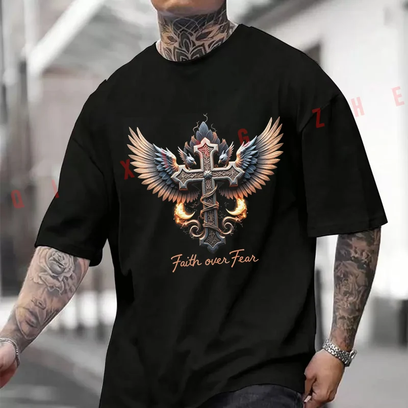 

Biker Angel Wings Cross Faith Over Fear Motorcycle T-shirt Men And Women Cotton Casual Tshirt Short-sleeve O-neck Tops